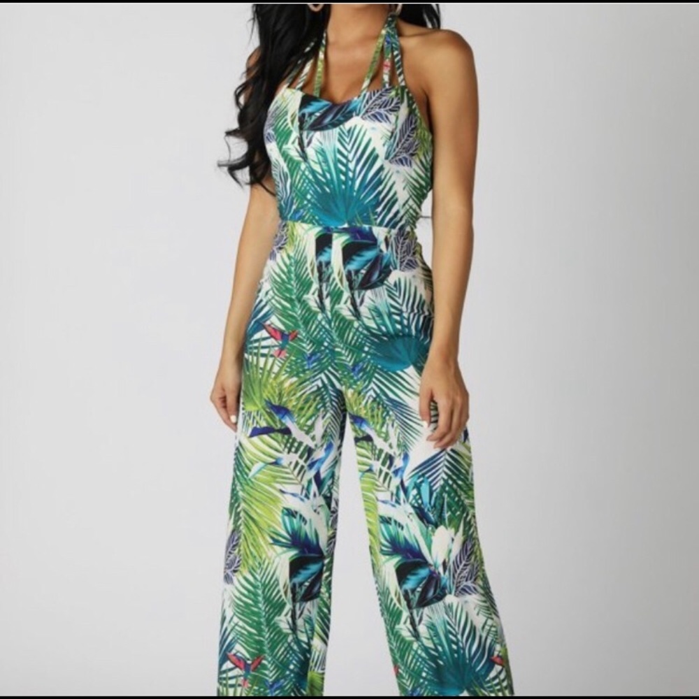 Tropical Palms Halter Wide Leg Jumpsuit